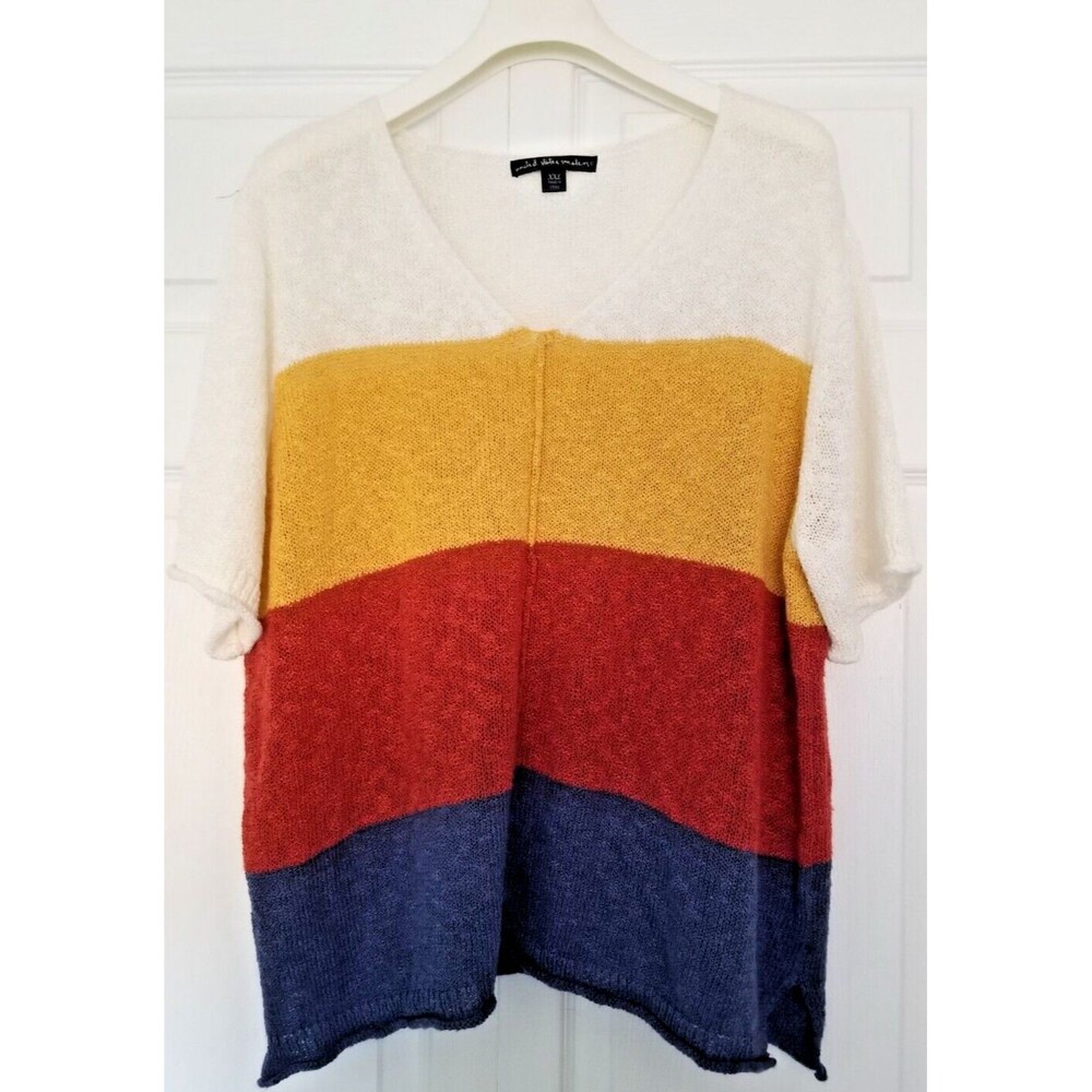 Women's Knit Sweater Multicolor Color block Short Sleeve V-Neck Size XXL